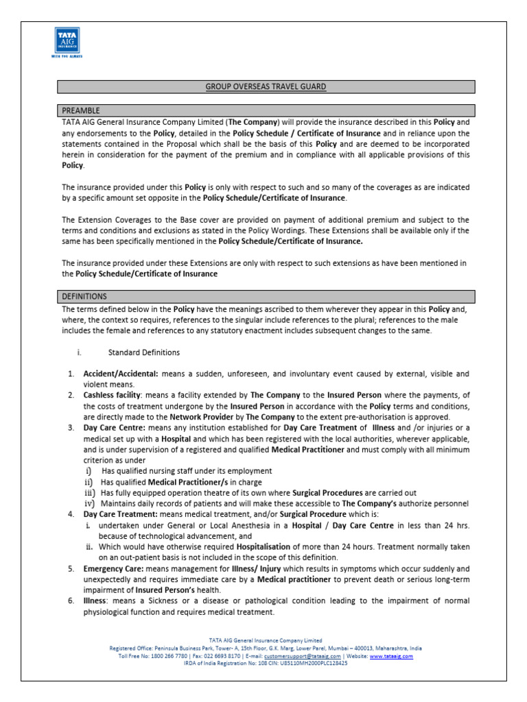 TATA AIG Group Overseas Travel Guard Policy | PDF | Insurance ...