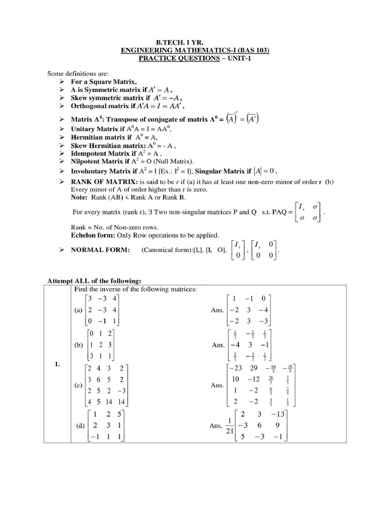 Unit 1 Matrix Question Bank | PDF