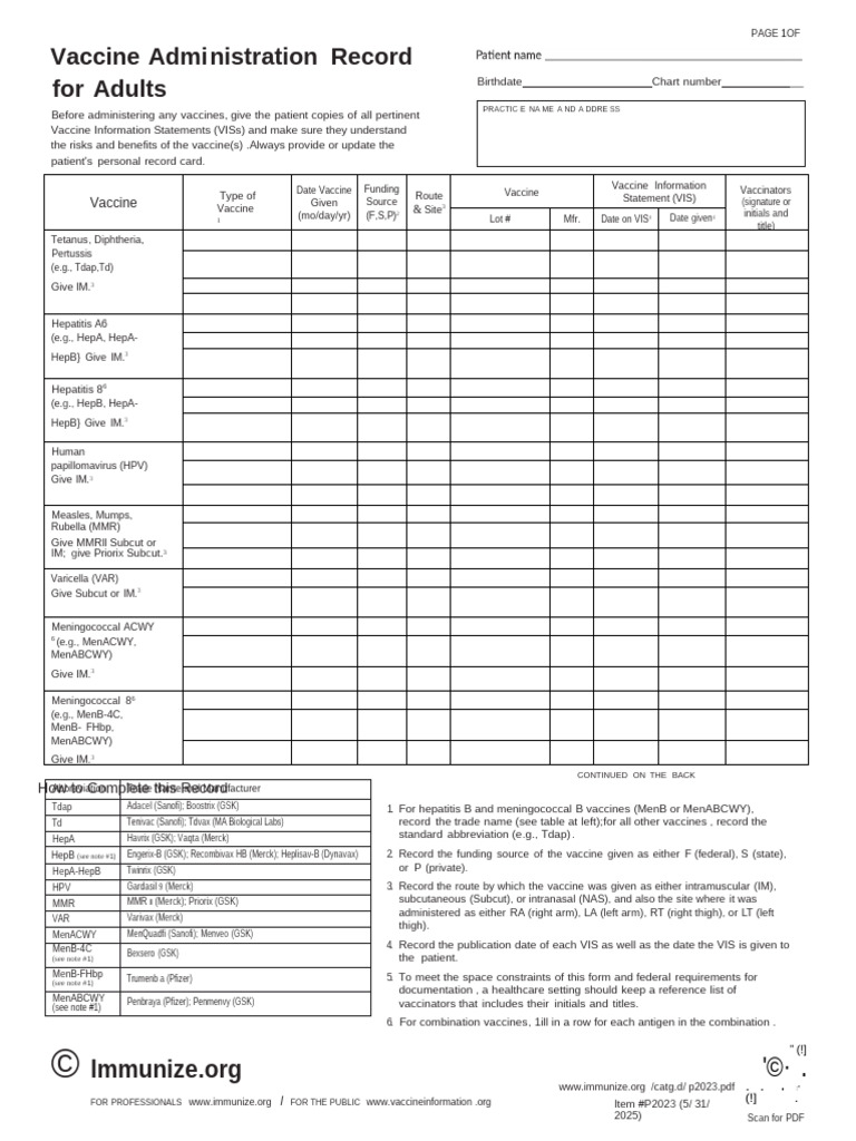 Adult Vaccine Administration Record | PDF | Influenza Vaccine | Vaccines