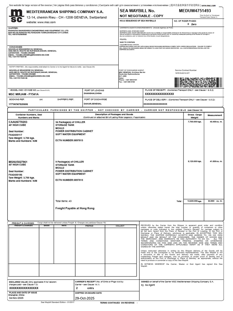 Sea Waybill for MSC Shipment | PDF | Cargo | Consignee
