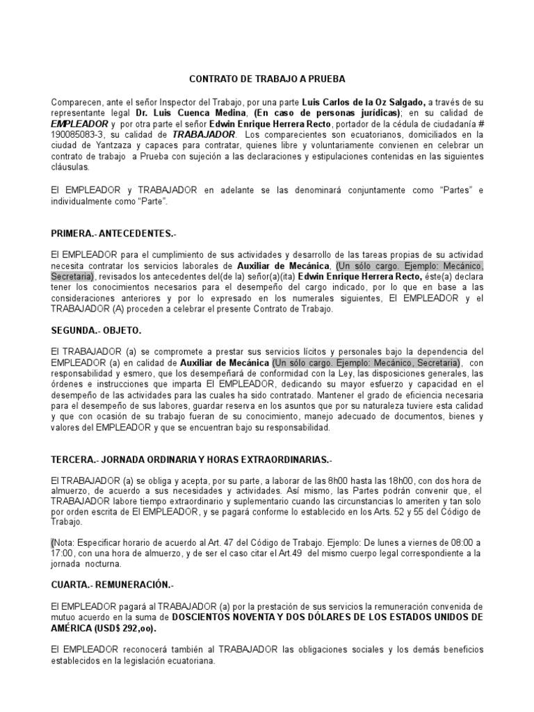 Contrato A Prueba Derecho laboral Calidad