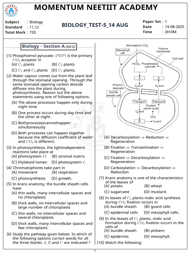 Biology Test Paper for NEET 2025 | PDF | Pituitary Gland | Immune System
