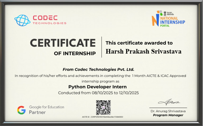 Python Developer Internship Certificate | PDF