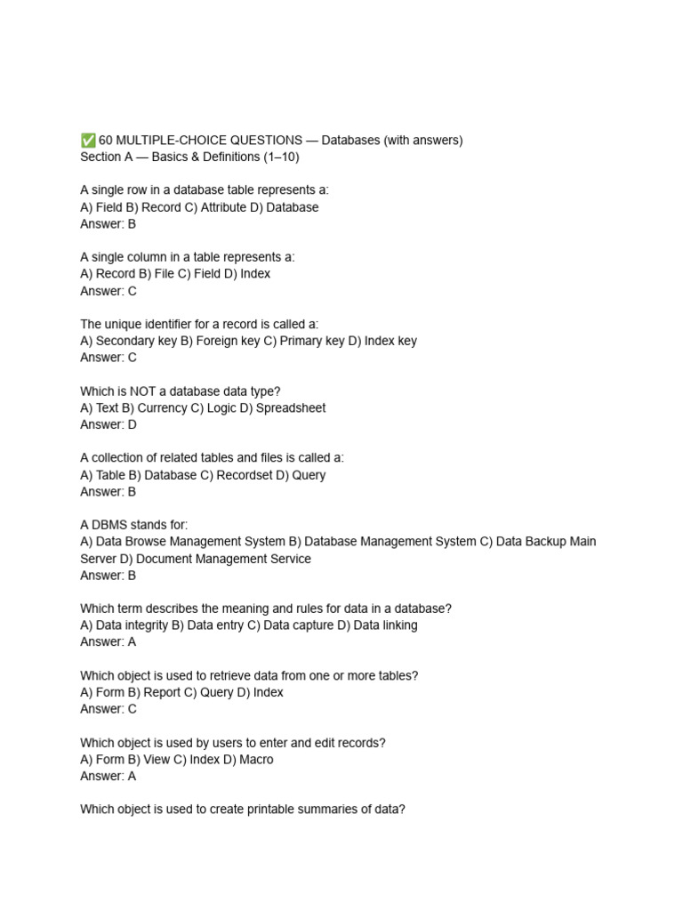 60 Database MCQs with Answers | PDF | Databases | Database Index