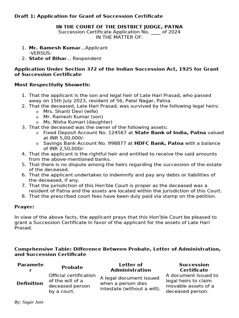 Succession Certificate Application Patna | PDF | Bail | Probate