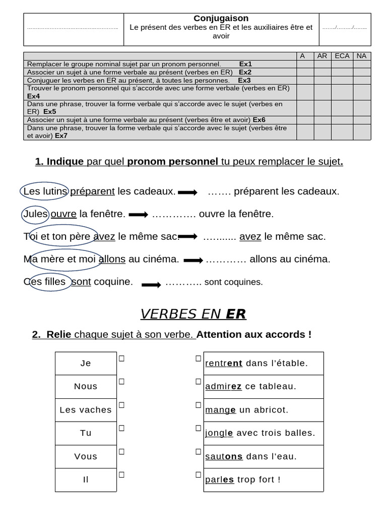 Conjugaison des verbes en ER et auxiliaires | PDF | Sujet (Grammaire ...