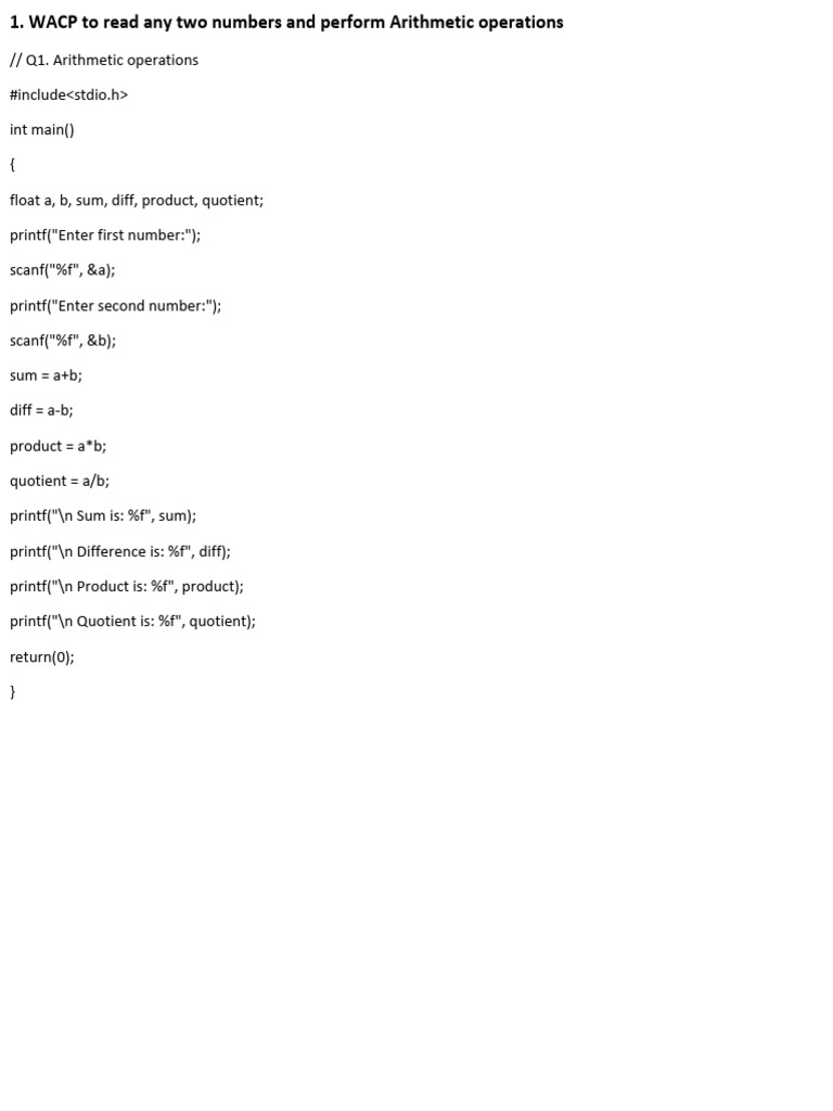 C Programs for Basic Arithmetic and Logic | PDF | Area | Computer ...