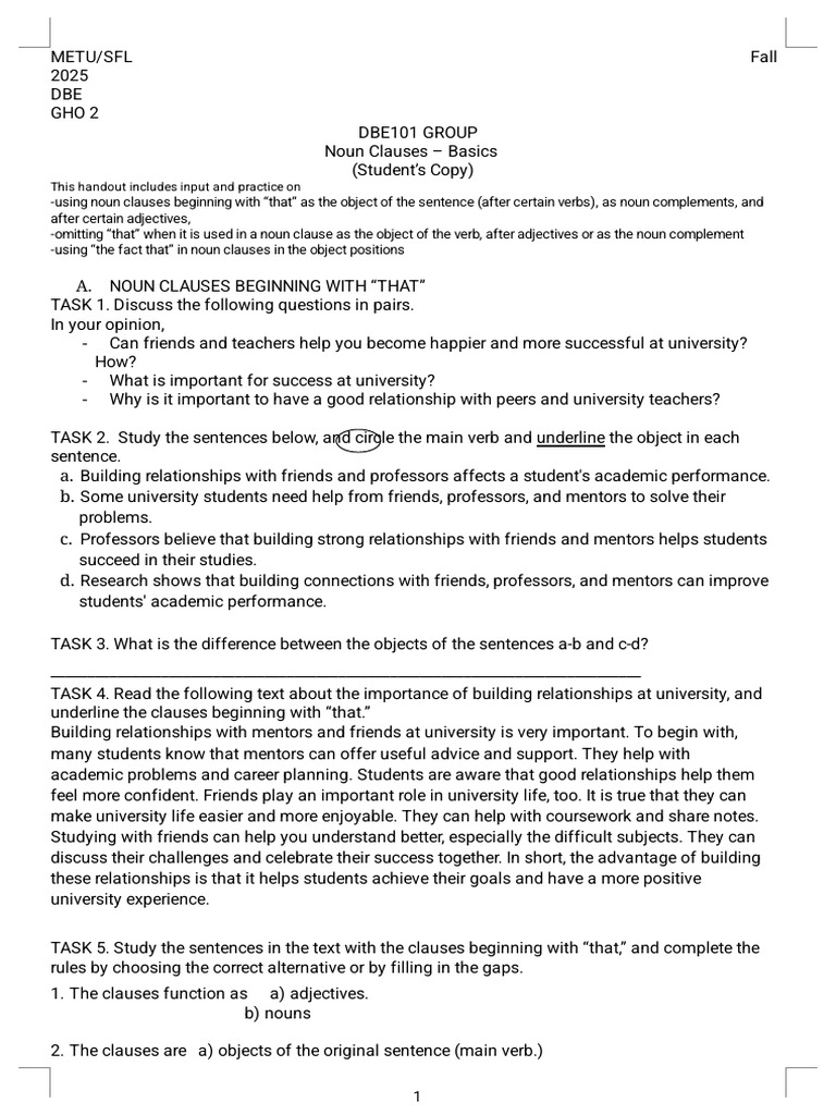 GHO 2 Noun Clauses Basics Student | PDF | Clause | Subject (Grammar)