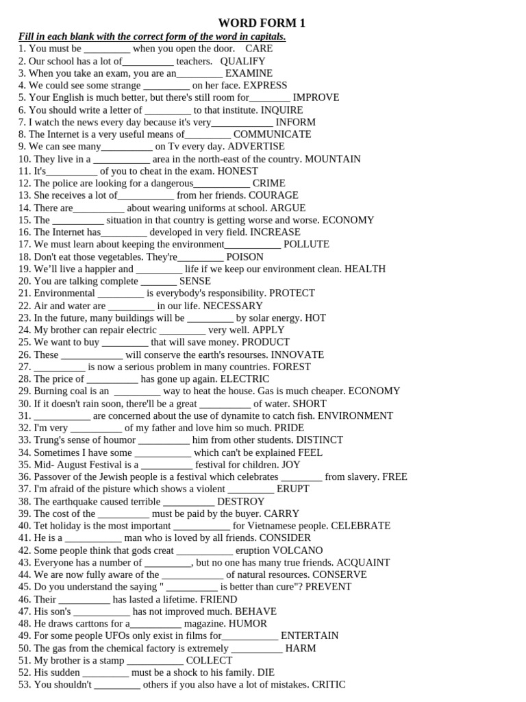 Word Form Exercise for Language Learners | PDF