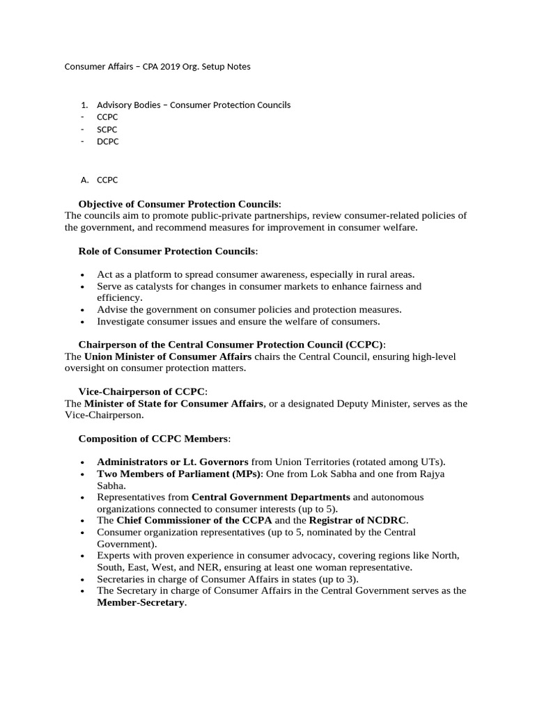 Consumer Affairs CPA Notes | PDF | Government Of India | Governance