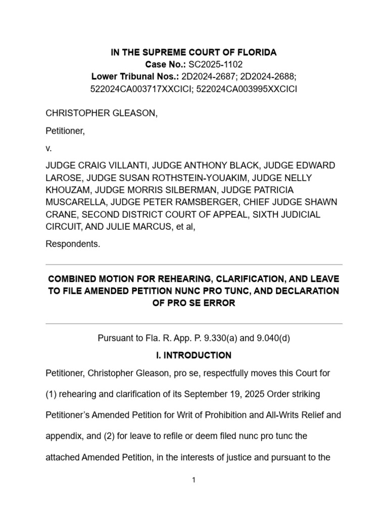 Motion for Rehearing in Gleason v. Marcus | PDF | Pro Se Legal ...