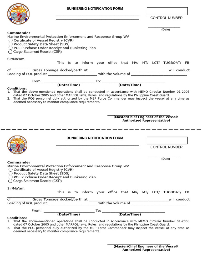 Bunkering Notification Form Template | PDF | Ships | Water Transport