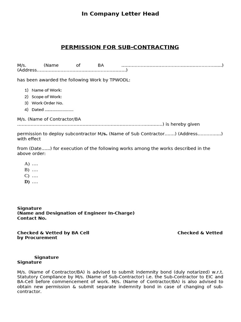 Sub-Contracting Permission Letter Template | PDF