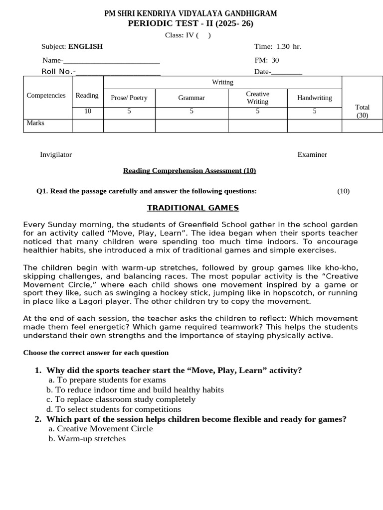 Class IV English Periodic Test II 2025-26 | PDF | Teachers