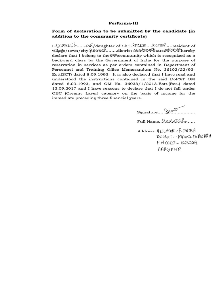 OBC Declaration Form for Candidates | PDF