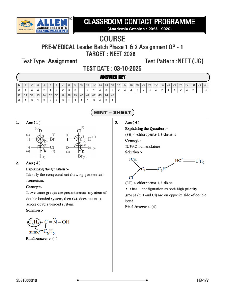 PRE MEDICAL Leader Batch Phase 1 2 Assignment QP 1 HS Chemistry ...