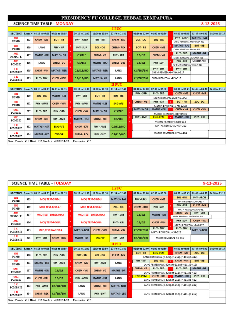 Science Time Table for I PUC 2025 | PDF