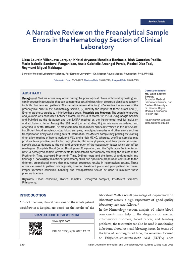 Preanalytical Errors in Hematology Testing | PDF | Coagulation | Medicine