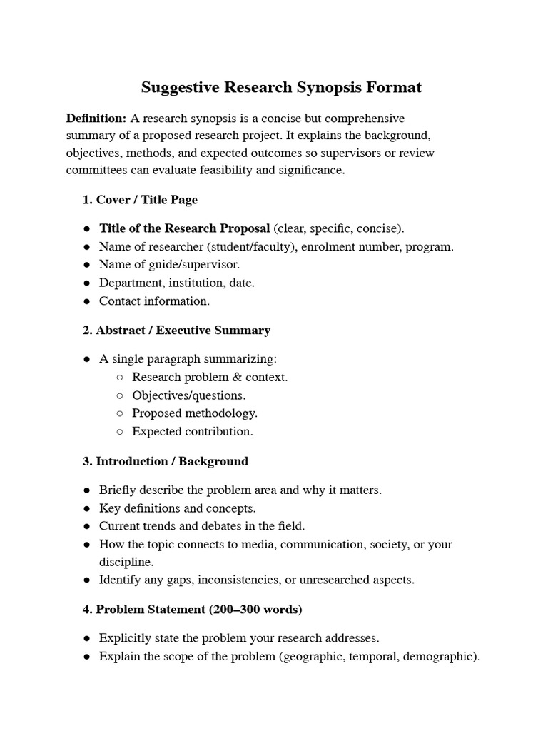 Research Synopsis Format Guide | PDF | Analysis | Methodology