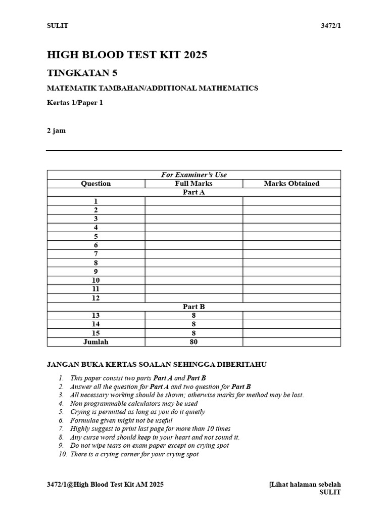 AM High Blood Test Kit 2025 P1 | PDF