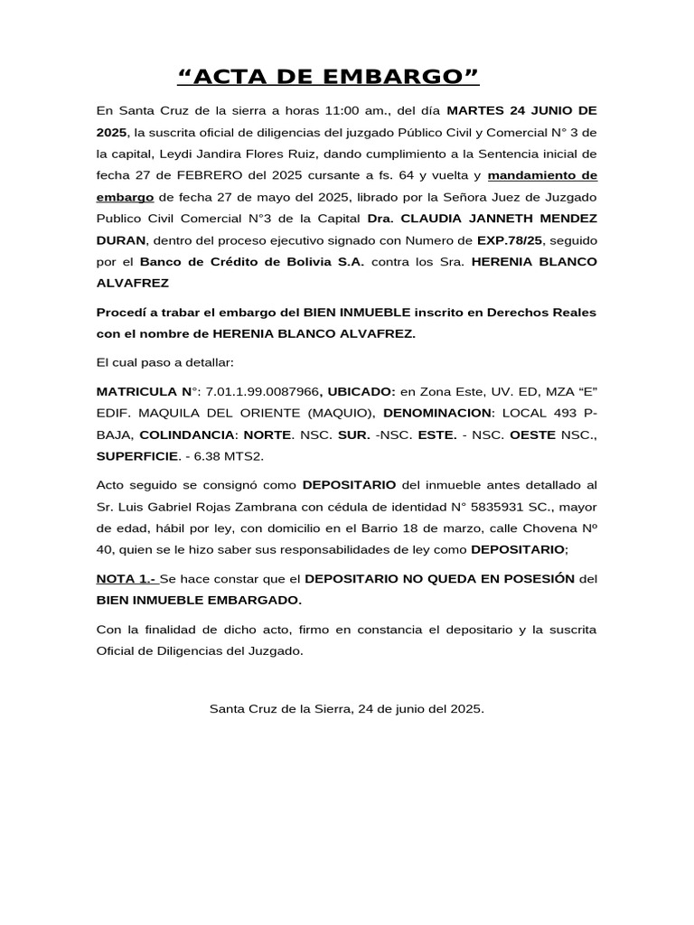 Acta de Embargo de Bien Inmueble | PDF