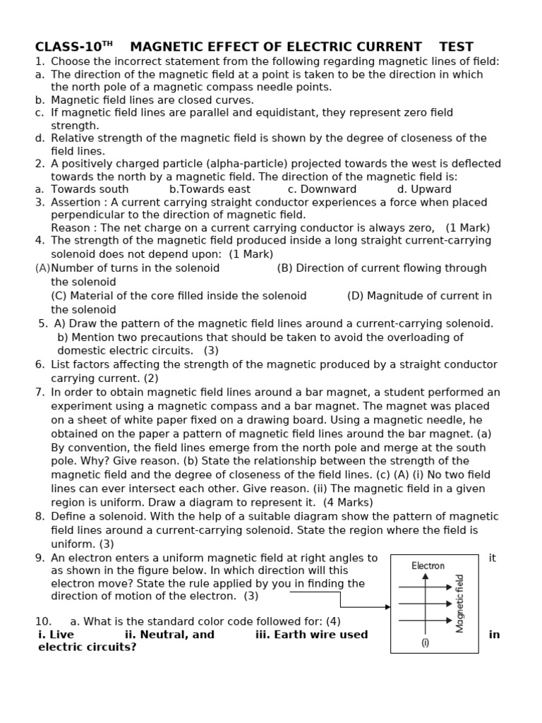 Class 10 Magnetic Effects Test Questions | PDF | Magnetic Field | Magnetism