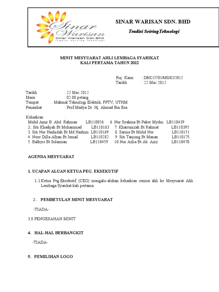 Minit Mesyuarat Ahli Lembaga Syarikat Kali Pertama 2012