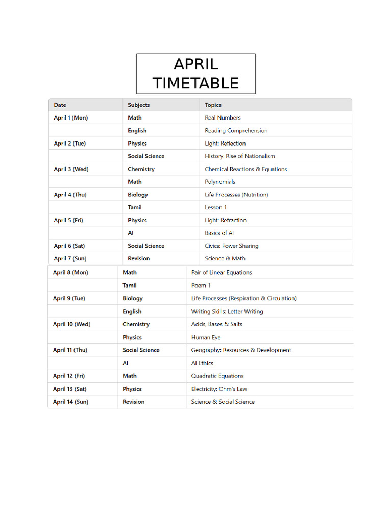 April Timetable | PDF