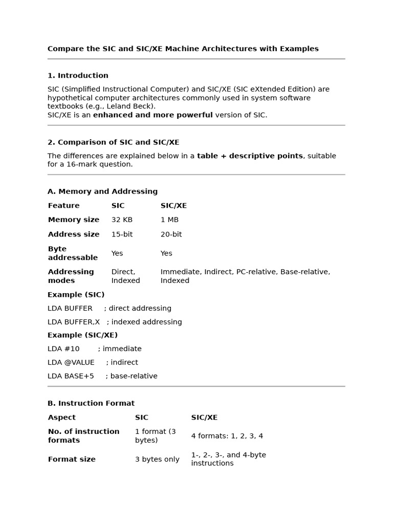 SIC vs SIC/XE Architecture Comparison | PDF | Office Equipment ...