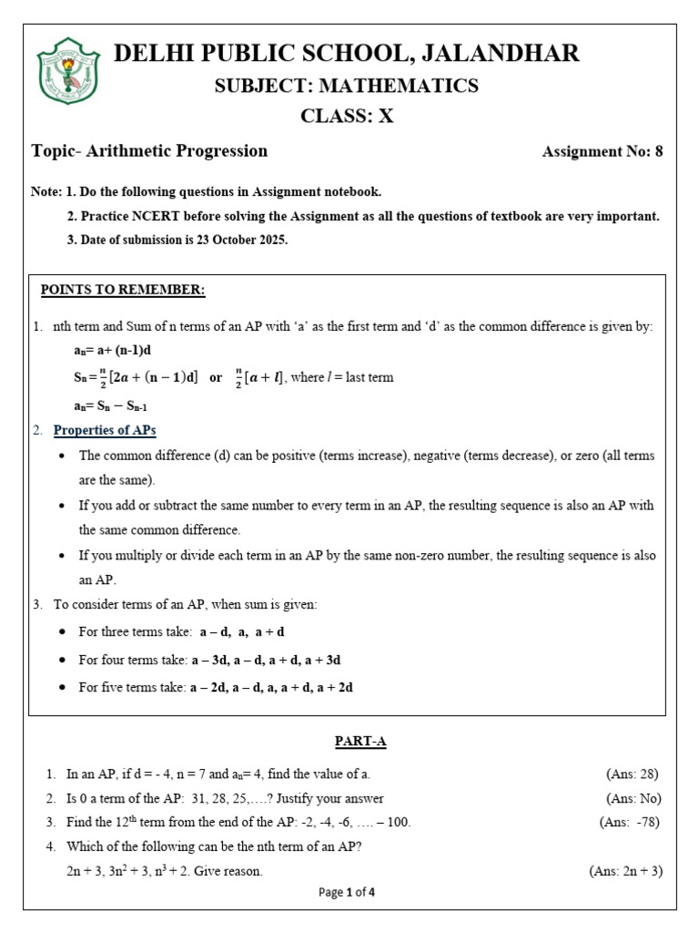 Mathematics, X, Arithmetic Progressions, Anjali Jairath | PDF ...