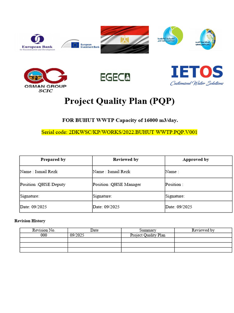 Project Quality Plan ( PQP ) | PDF | Sewage Treatment | Quality Management