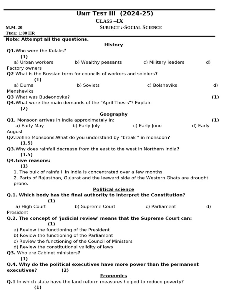 Class IX Social Science Unit Test 2024-25 | PDF