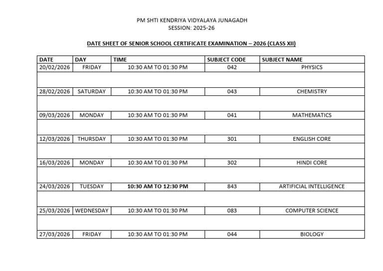 Class XII Exam Date Sheet 2026 | PDF