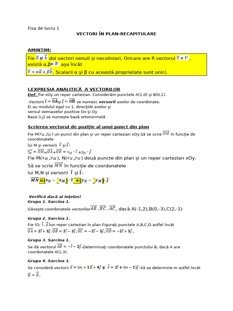 Fisa de Lucru Vectori Recapitulare | PDF