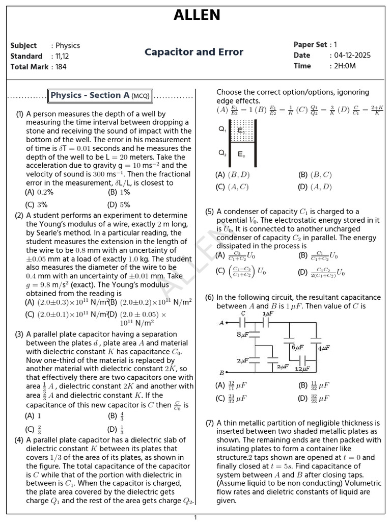 Capacitor Physics Exam Paper Set 1 | PDF | Capacitor | Capacitance