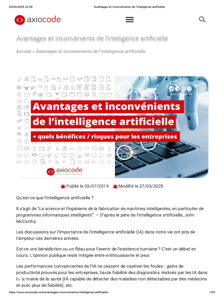Avantages et inconvénients de l'IA | PDF | Intelligence artificielle ...