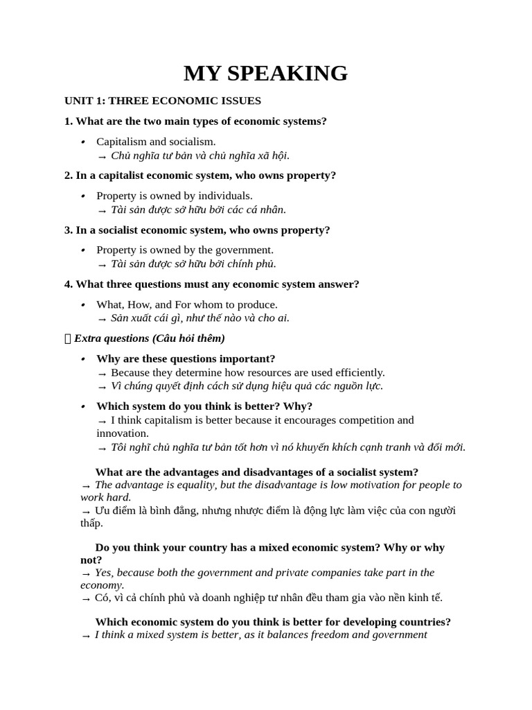 My Speaking: Extra questions (Câu hỏi thêm) | PDF