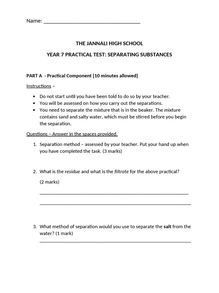 Year 7 Practical Test: Substance Separation | PDF