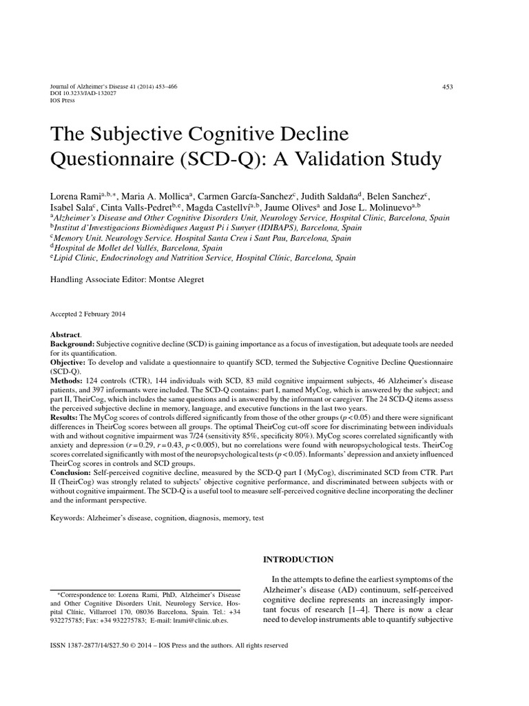 Validation of the SCD-Q Questionnaire | PDF | Dementia | Alzheimer's ...