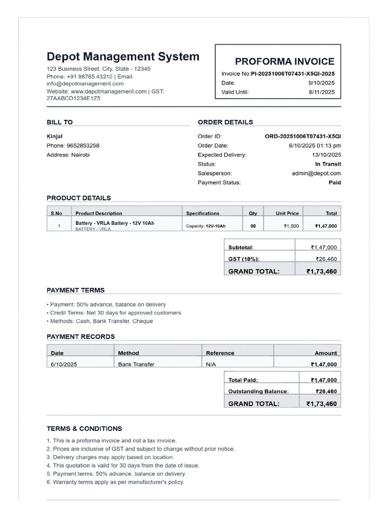 Proforma Invoice Order TTQTF2 20251009 | PDF