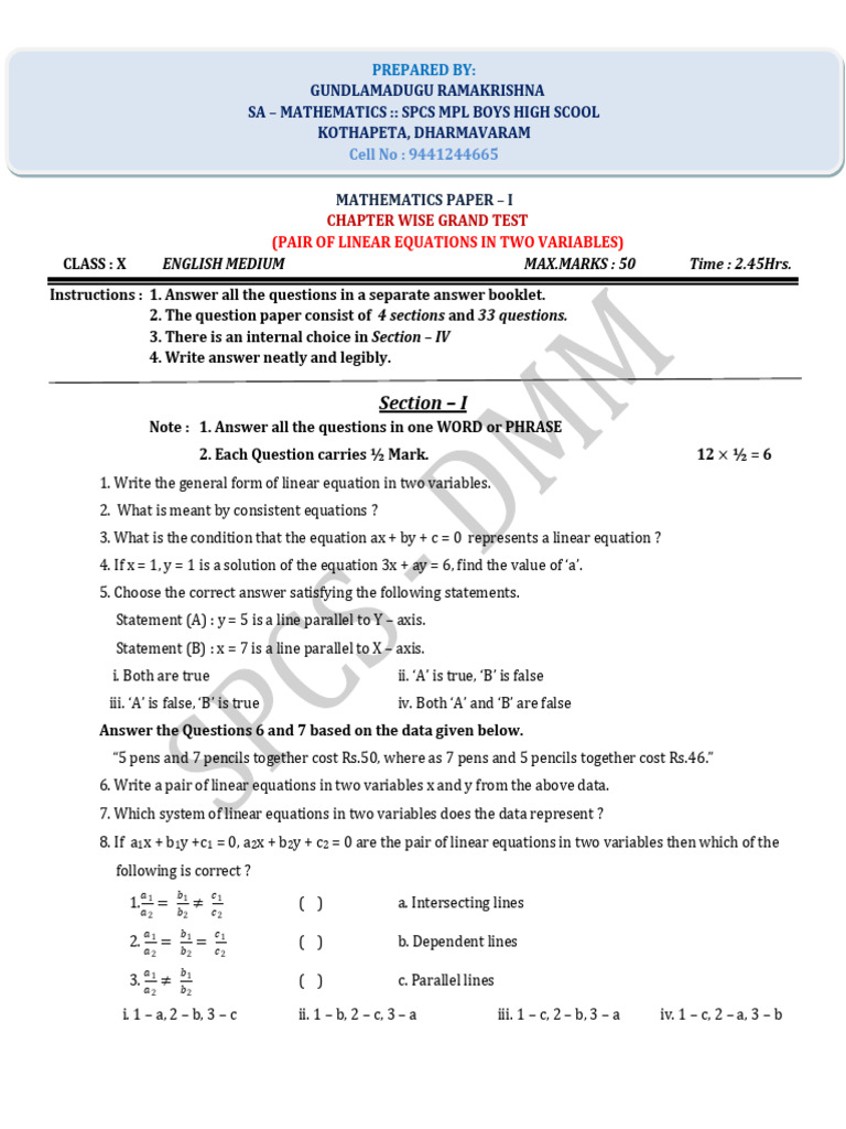 Class X Linear Equations Test Paper | PDF | Equations | System Of ...