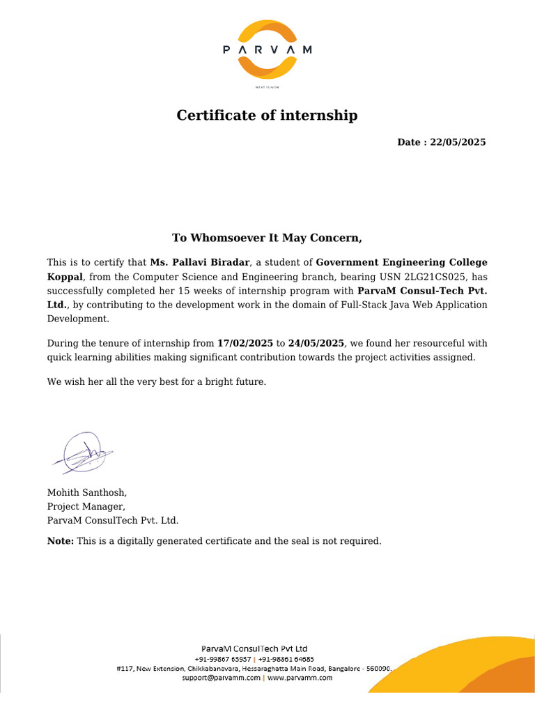 Internship Certificate for Full-Stack Java Development | PDF