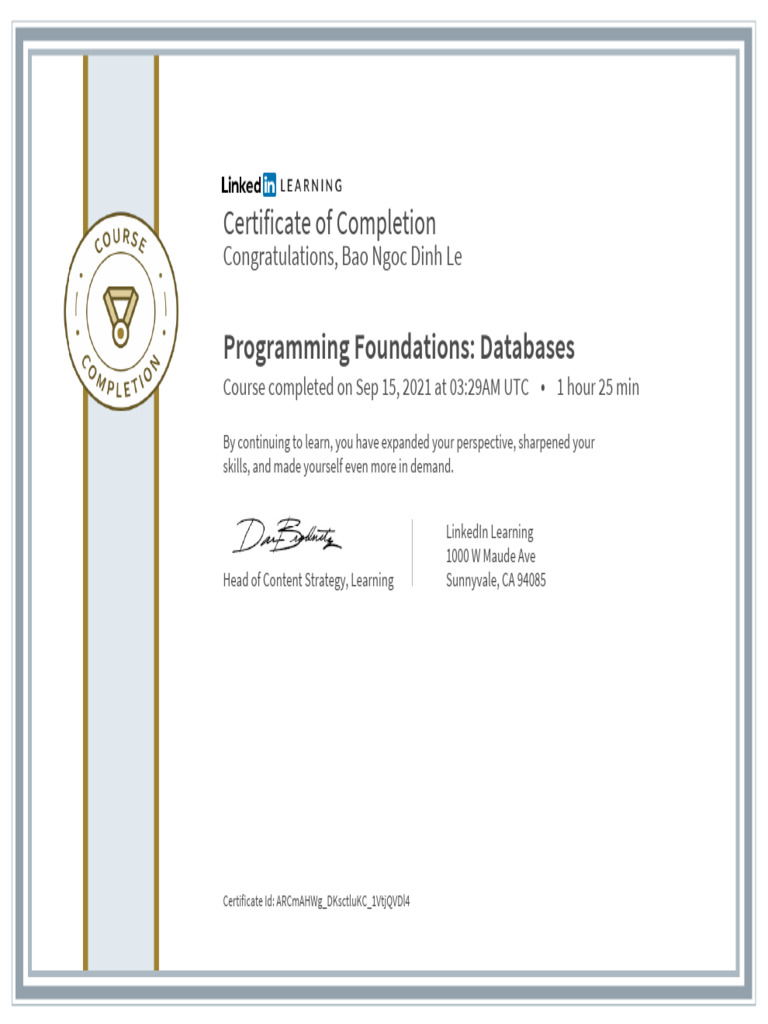 CertificateOfCompletion_Programming Foundations Databases | PDF