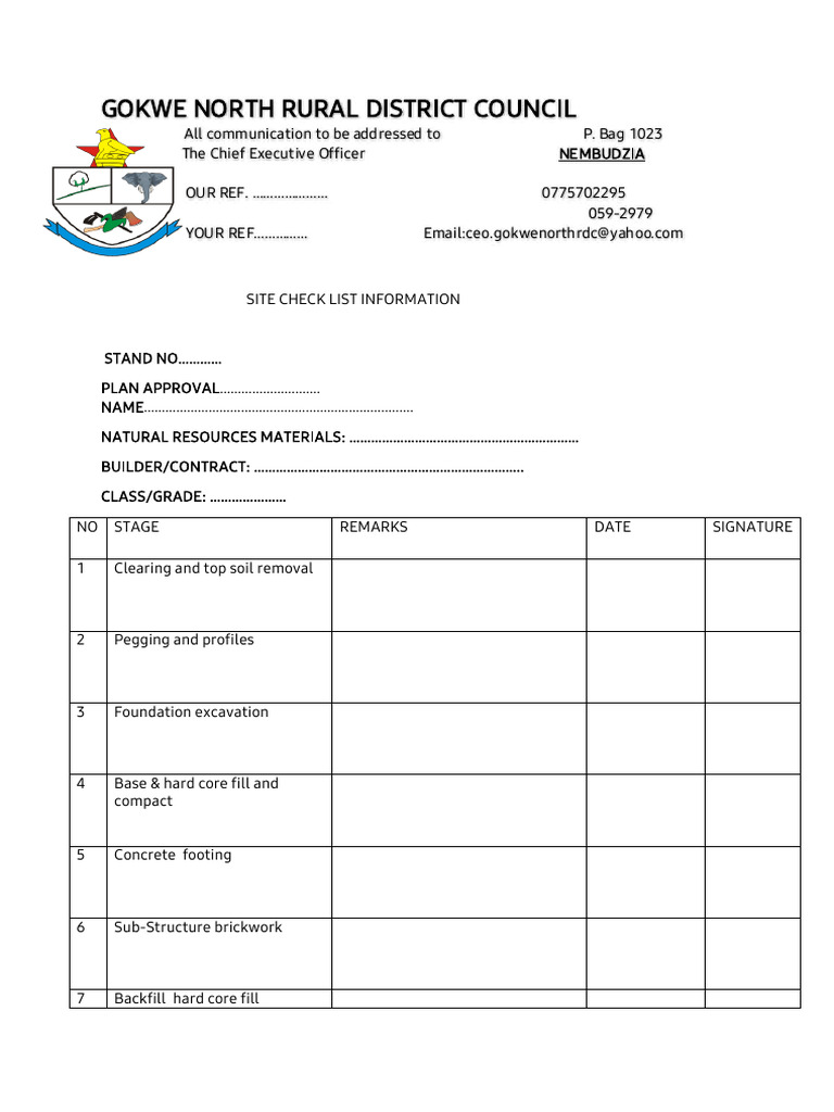 Gokwe North District Council Site Checklist | PDF