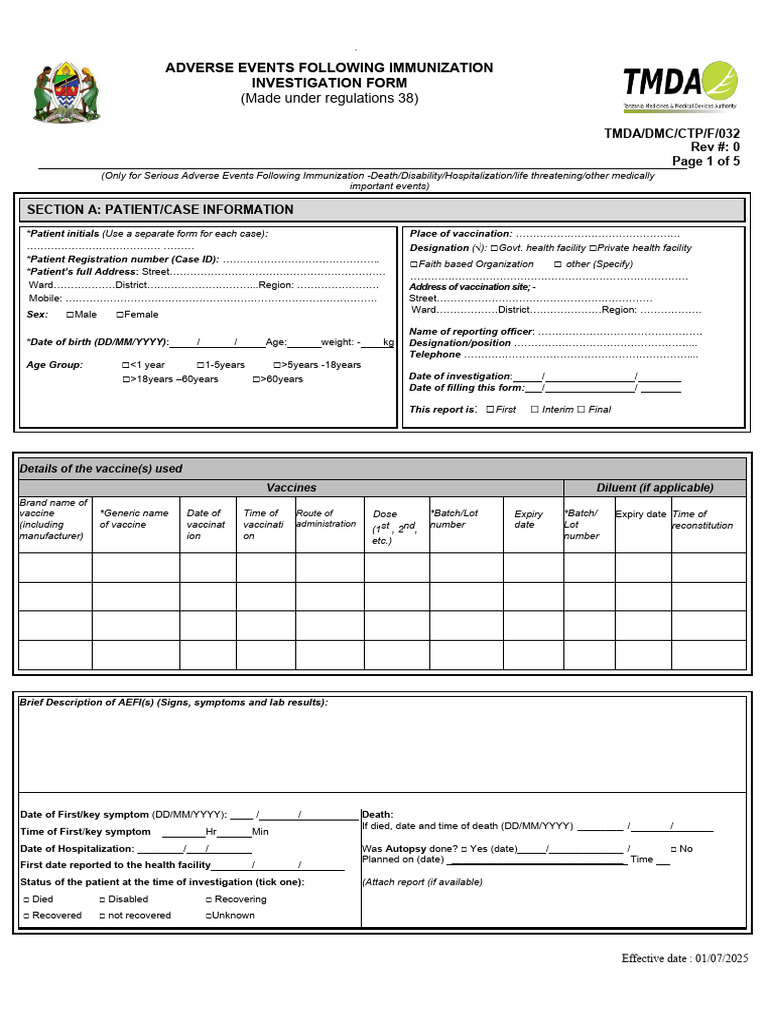 Investigation Form - AEFI - Rev July, 2025 | PDF | Pregnancy | Vaccines