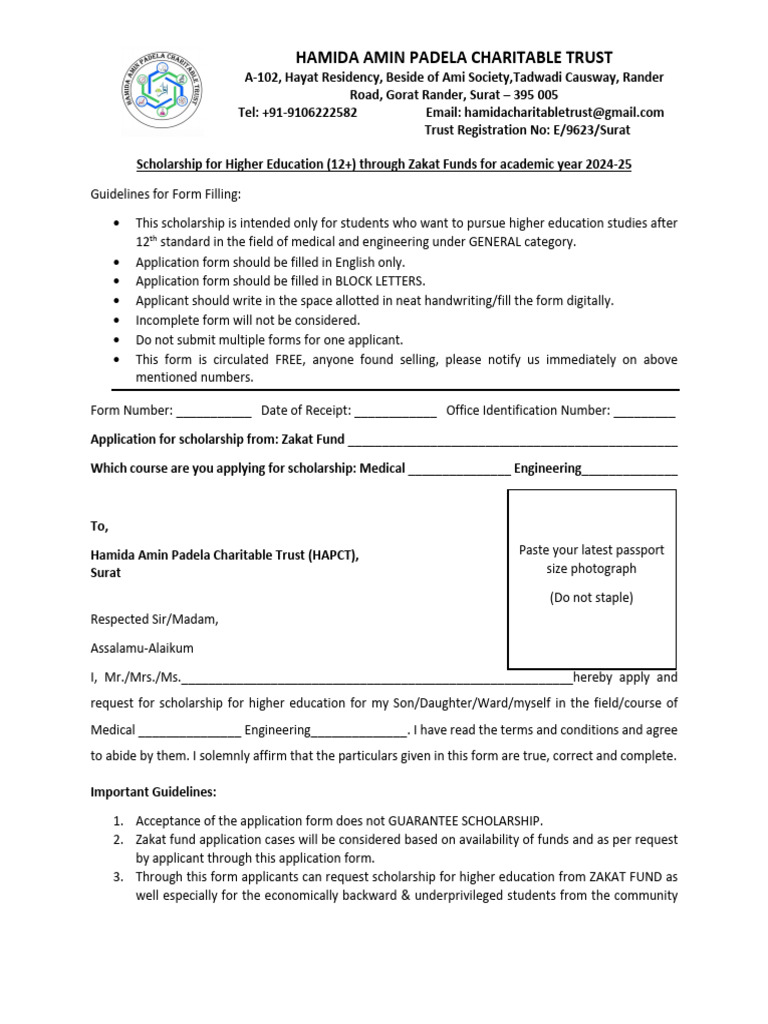 Hamida Amin Padela Trust Scholarship Application | PDF
