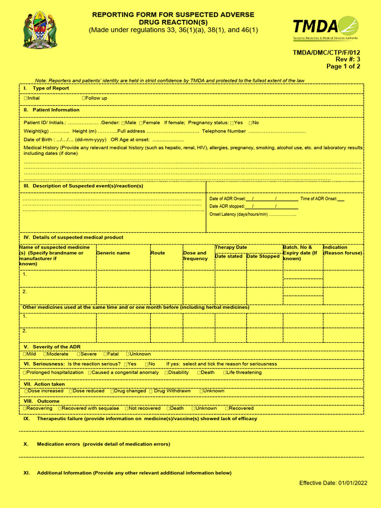 Adverse Drug Reaction Reporting Form | PDF | Medical Treatments ...