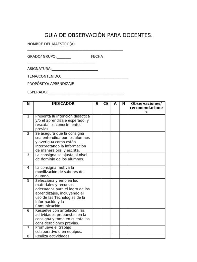 Guía de Observación para Docentes | PDF | Aprendizaje | Maestros