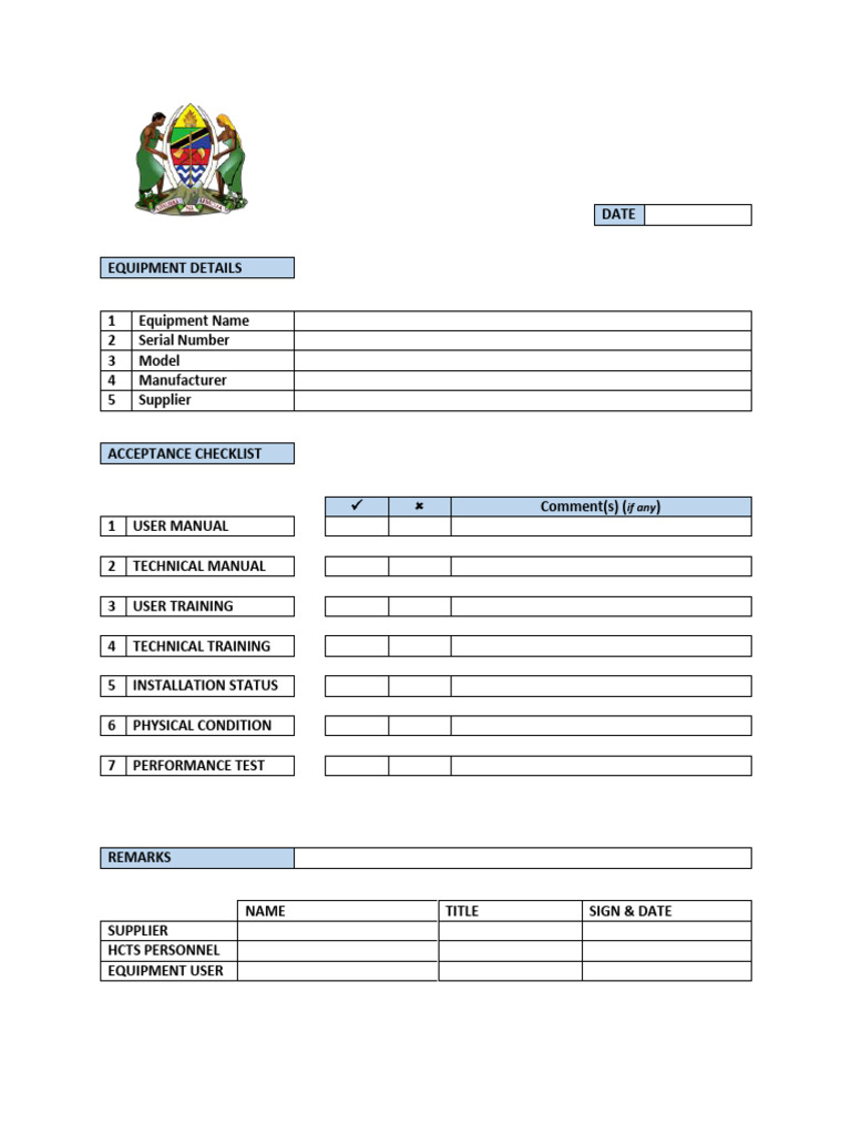 Equipment Acceptance Form Template | PDF