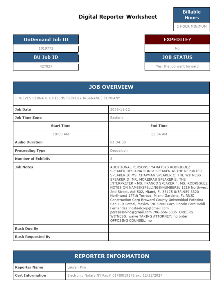 Digital Reporter Job Worksheet Details | PDF | Deposition (Law) | Legal ...